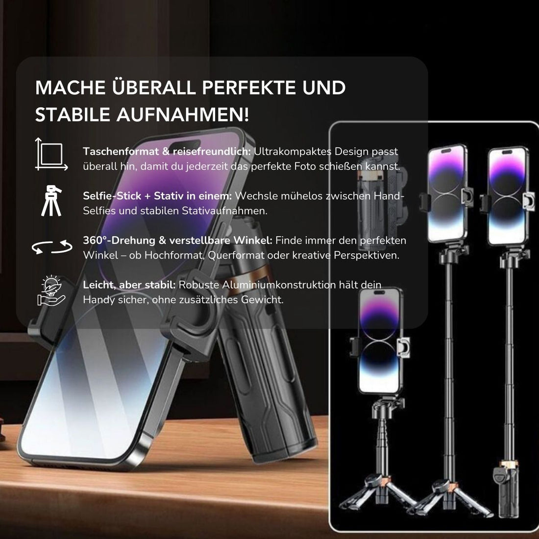 Serenosole™ FlexiPod | Taschenformat-Stativ &amp; Selfie-Stick in einem | Bester Reise-Stativ 2025