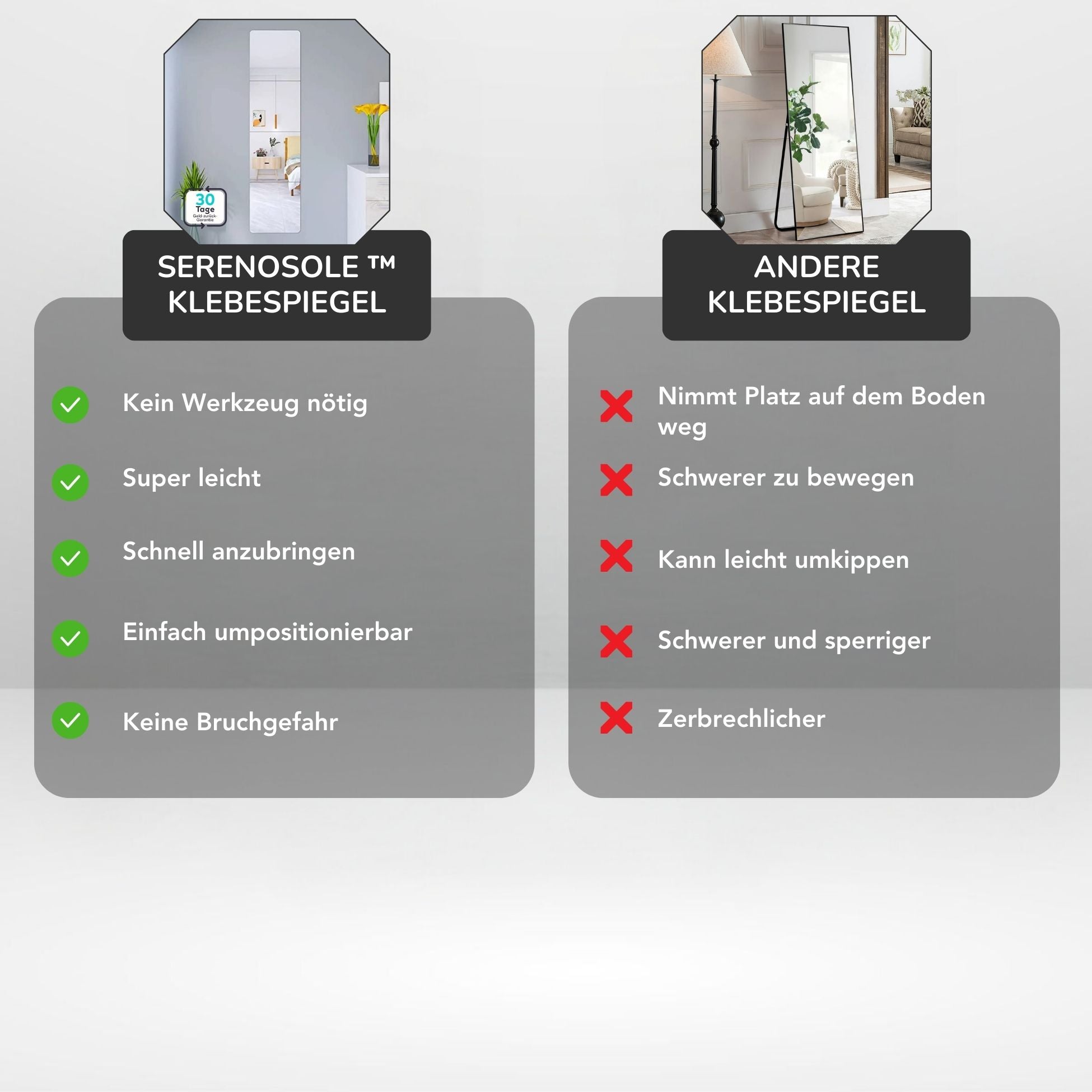 Serenosole™ GluReflect Spiegel | Schnell zu kleben und unmöglich zu brechen | Praktischste Spiegellösung 2024 (1+1 GRATIS)
